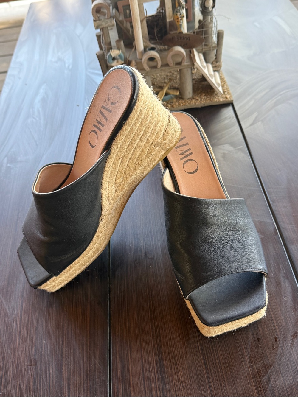 Gaimo Black Leather Slide Espadrille Wedge